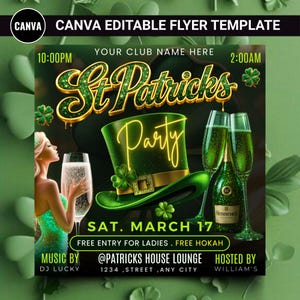 May include: A digital flyer template for a St. Patrick's Day party. The design features a green leprechaun hat, champagne glasses, and the text "St. Patrick's Party." The flyer includes event details such as the date, time, and location.