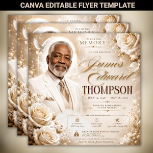 May include: A memorial flyer template with a portrait of a man in a suit, surrounded by floral and dove graphics. The text includes "In Loving Memory" and the name "James Edward Thompson" with dates and service details. The flyer is in shades of beige and gold.