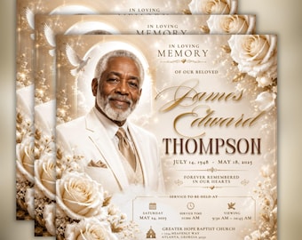 May include: A memorial flyer template with a portrait of a man in a suit, surrounded by floral and dove graphics. The text includes "In Loving Memory" and the name "James Edward Thompson" with dates and service details. The flyer is in shades of beige and gold.