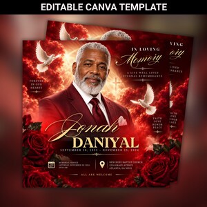 May include: A funeral program template featuring a portrait of an older man with a gray beard in a maroon suit. The background displays red clouds, white doves, and red roses. Text includes In Loving Memory, Jonah Daniyal, dates, and service details.