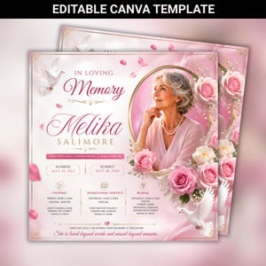 Pink Rose Funeral Announcement Invitation | Digital Memorial Flyer, In Loving Memory, Celebration of Life | Editable Canva Template