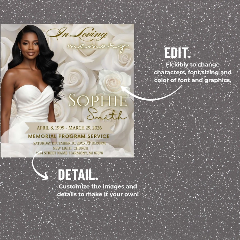 White Roses Funeral invite, Elegant Memorial Invitation Template, Instagram Square ( Editable Canva) image 8