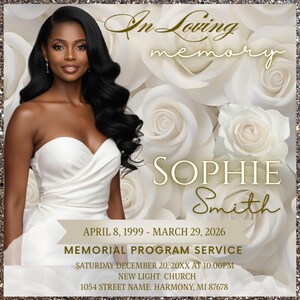 White Roses Funeral invite, Elegant Memorial Invitation Template, Instagram Square ( Editable Canva) image 9