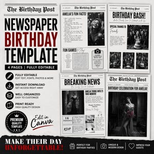 Mall för inbjudan till tidningsfödelsedagsfest, redigerbar Canvas-layout (utskrivbar PDF)