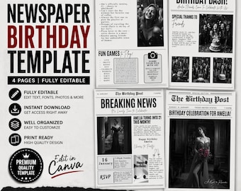 Plantilla de invitación de cumpleaños con diseño de periódico, diseño editable en Canva (PDF imprimible)