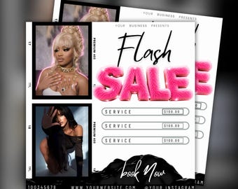 May include: An editable Canva template for a business flyer featuring the text Flash Sale in large pink fuzzy letters. The layout includes two rectangular photo frames with images of individuals, three service price slots, and a Book Now button.