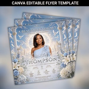 Editable Funeral Flyer Template for Canva | sky Blue roses Memorial Service Announcement | Celebration of life Tribute Social Media Post