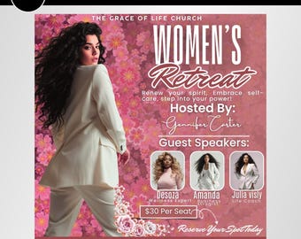 May include: A pink flyer for a Women's Retreat, featuring a woman in a cream-colored suit. The flyer includes text such as "Women's Retreat", "Renew your spirit", and "Hosted By: Jennifer Carter". Guest speakers are also listed.