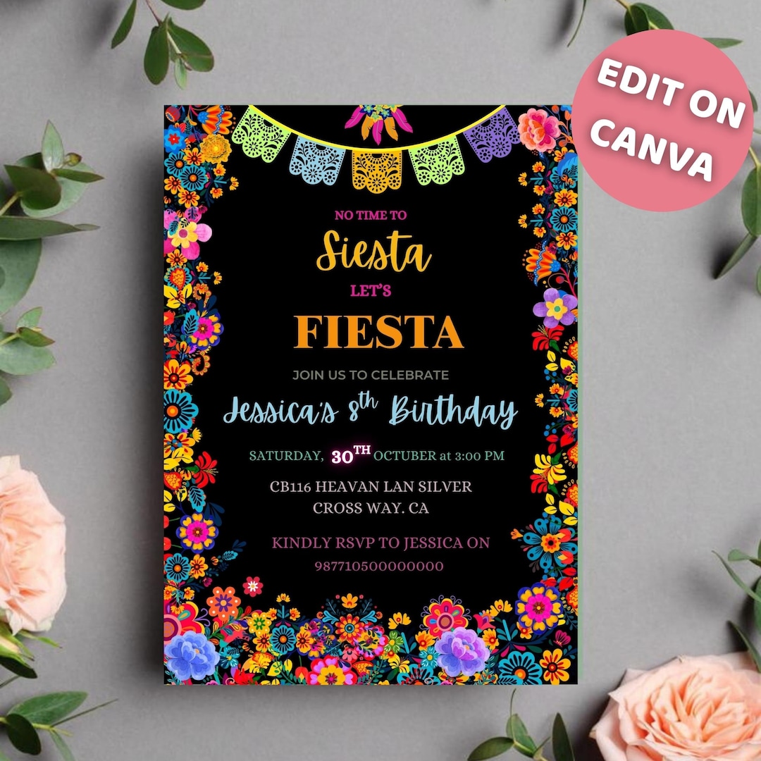 Fiesta Birthday Invitation, Papel Picado Theme, Editable Canva Template ...