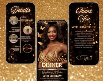 Invitación de cena de cumpleaños dorada de lujo / Editable en Canva Evite (Digital)