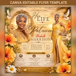 May include: A Canva editable flyer template with a golden color scheme, featuring a portrait of a woman and floral accents. The flyer is for a memorial service, with details including dates, times, and locations.