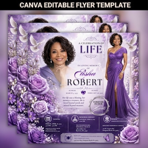 Purple Rose Funeral Announcement Flyer Template, Editable Canva Flyer for Women Memorial Remembrance