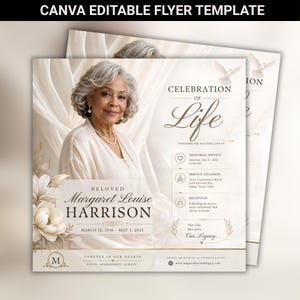 May include: A Canva editable flyer template for a memorial service featuring a portrait of an older person with gray hair. The text reads Celebration of Life, Beloved Margaret Louise Harrison, March 12, 1946 - May 4, 2025, and service details.