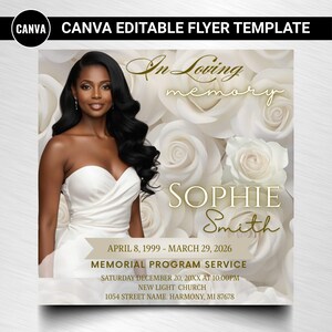 White Roses Funeral invite, Elegant Memorial Invitation Template, Instagram Square ( Editable Canva) image 1