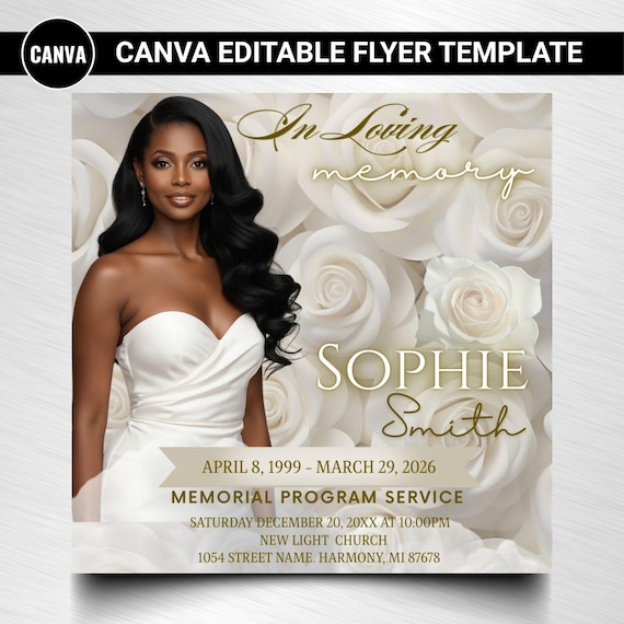 White Roses Funeral invite, Elegant Memorial Invitation Template, Instagram Square ( Editable Canva)