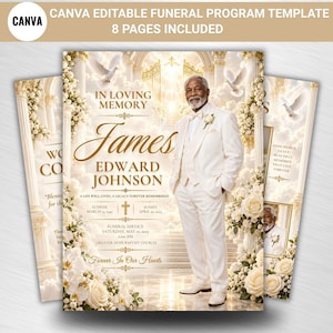 May include: A Canva editable funeral program template featuring 8 pages. The design displays a man in a white suit standing before golden gates, surrounded by white flowers and doves. Text includes IN LOVING MEMORY, James EDWARD JOHNSON, and service details.