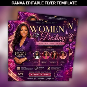May include: A Canva editable flyer template for a Women of Destiny conference. The purple and gold design features a central image of a host, four guest speakers, event details including date, time, location, and registration information.