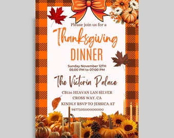 Thanksgiving Dinner Invitation: Friendsgiving Party Invite, Pumpkin Fall Theme (Editable Canva Template)