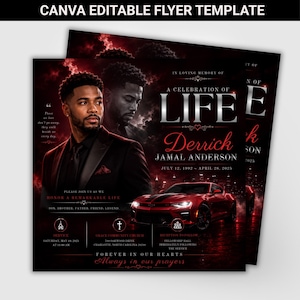 Op de afbeelding: Een bewerkbaar Canva-flyersjabloon voor een uitvaartprogramma met het portret van een man in een pak, een rode sportwagen en donkerrode wolken. De tekst luidt In Loving Memory of A Celebration of Life Derrick Jamal Anderson.