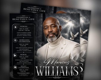 Funeral Announcement Flyer for men, Silver Grey Editable Canva Memorial Invite, Celebration of Life Template