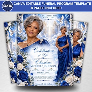 Könnte beinhalten: Eine auf Canva bearbeitbare Vorlage für ein Trauerprogramm mit 8 Seiten. Das Design zeigt ein blau-weißes Thema mit dem Porträt einer Person in einem blauen Kleid, weißen Rosen, Tauben und goldenen Toren. Der Text umfasst A BEAUTIFUL LIFE WELL LIVED, Celebration of Life, Charlene MICHELLE JOHNSON sowie Angaben zum Gottesdienst.