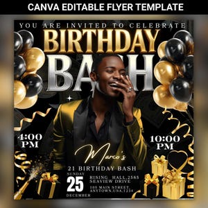 Men's Birthday Party invite, Black & Gold Club Event, Birthday Bash invitation, Editable Canva Template