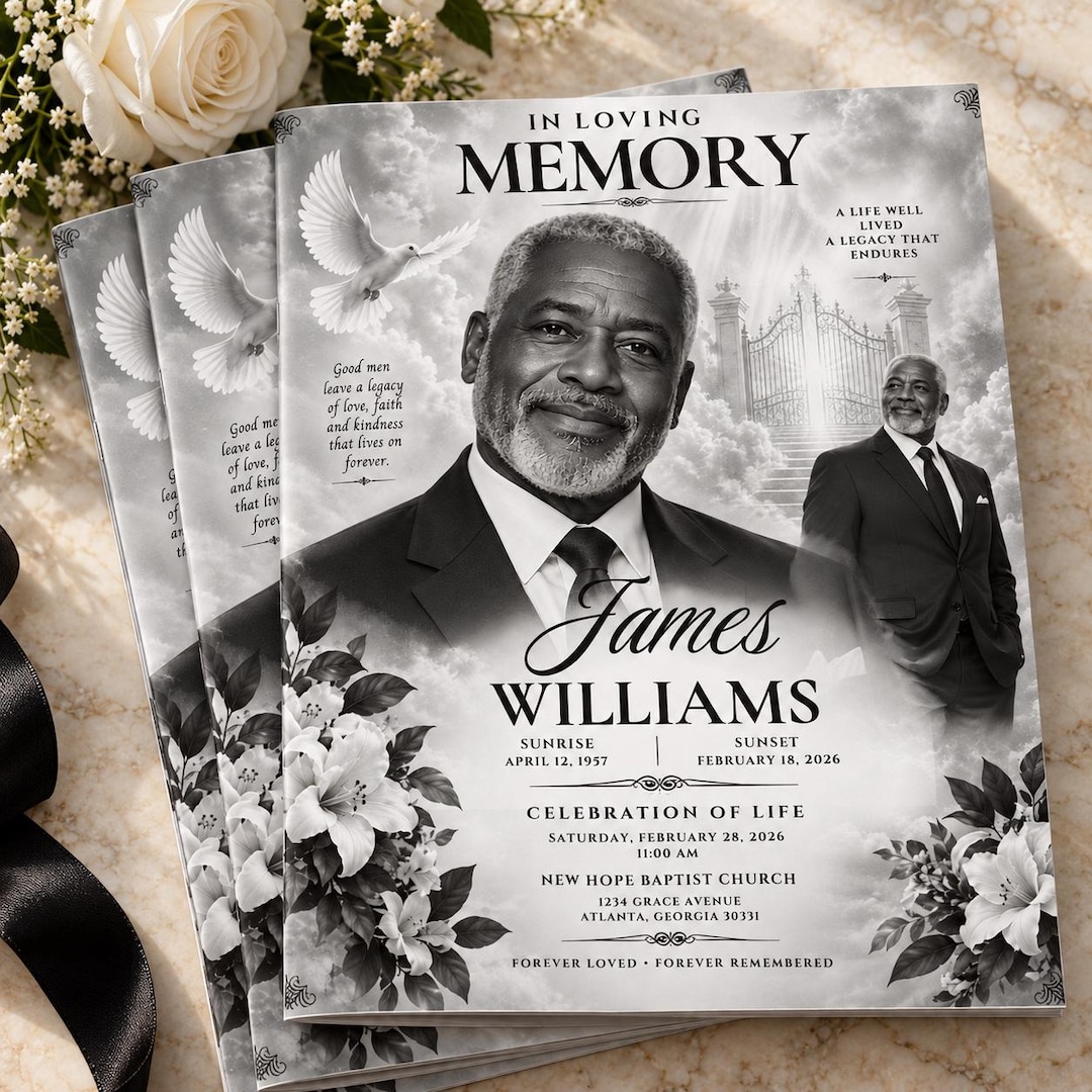 8 Page Elegant Obituary Funeral Program Template, Editable Canva ...
