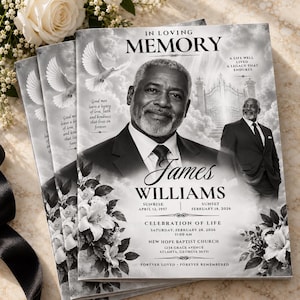Pode incluir: Um programa funerário em preto e branco com um retrato de James Williams, o texto IN LOVING MEMORY, uma representação de portões celestiais, pombas voando e detalhes florais. Inclui datas, detalhes de localização e a frase A LIFE WELL LIVED.