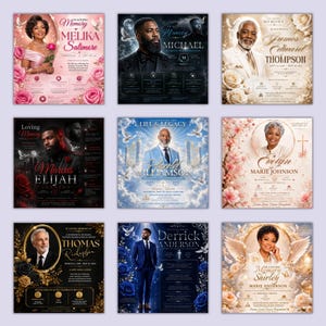 May include: A collection of nine square funeral program templates featuring portraits of individuals, floral accents, and memorial text. Each design includes placeholders for names, dates, and service details, presented in various color palettes like pink, blue, gold, and black.