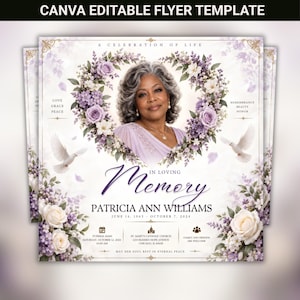 Puede incluir: Una plantilla de folleto editable en Canva para un programa funerario con el retrato de una persona rodeado por una corona en forma de corazón de rosas moradas y flores blancas. El texto dice In Loving Memory, Patricia Ann Williams.