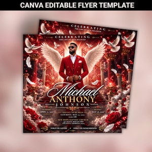 May include: A Canva editable flyer template featuring a memorial design with a man in a red suit and large white wings. The text reads Celebrating The Life Of Our Beloved, Michael Anthony Johnson, Sunrise April 13, 1970, Sunset May 18, 2023.