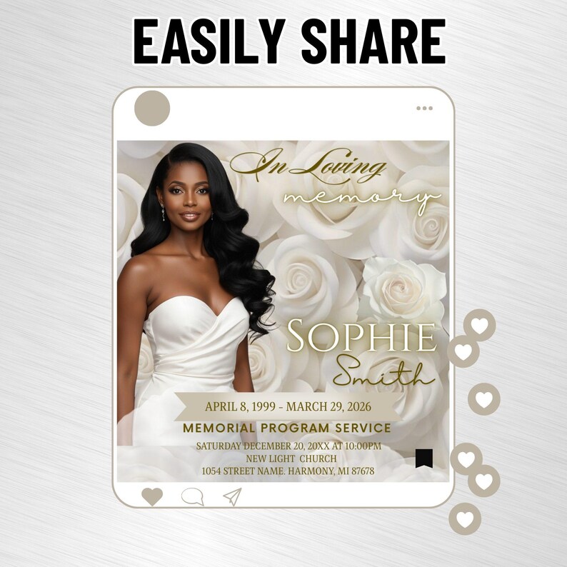 White Roses Funeral invite, Elegant Memorial Invitation Template, Instagram Square ( Editable Canva) image 6