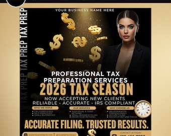 Black Gold Tax Prep Service Flyer, Editable 2026 Tax Season Flyers, Income Tax Preparer Accounting Services, Credit Repair Canva Template