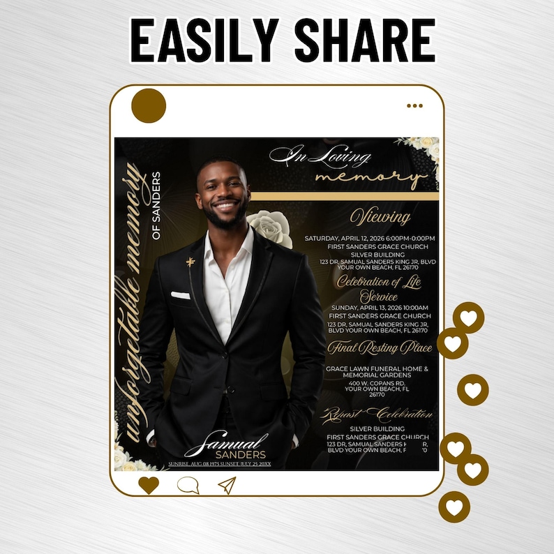 Black & Gold Funeral Invitation Template, Editable Memorial Flyer ...