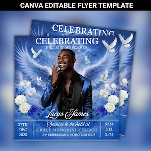 Blue Rose Funeral Announcement Flyer: Memorial Instagram Celebration of Life (Canva Template, Digital Download)