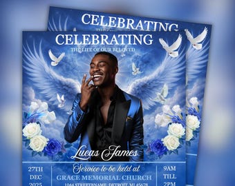 Folleto de anuncio funerario de Blue Rose: Celebración de la vida en memoria de la persona fallecida en Instagram (Plantilla de Canva, descarga digital)