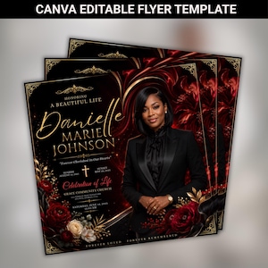 May include: A Canva editable flyer template for a funeral programme featuring a black and dark red background with gold accents. The design includes a portrait of a person in a black blazer, floral graphics, and text reading Honoring A Beautiful Life.