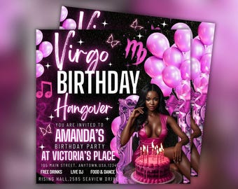 Pink Virgo Birthday Party Flyer: Editable Canva Template