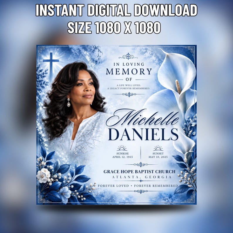 Elegant Blue Funeral Announcement Invitation, Editable Digital Memorial ...