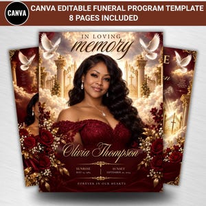 Puede incluir: Una plantilla de programa funerario editable en Canva de 8 páginas. El diseño muestra el retrato de una persona, el texto IN LOVING MEMORY, Olivia Thompson, SUNRISE MAY 15, 1983, SUNSET SEPTEMBER 20, 2024 y FOREVER IN OUR HEARTS con palomas blancas.