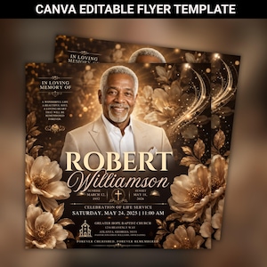 Pode incluir: Um modelo de folheto editável no Canva para um serviço memorial funerário com o retrato de um homem mais velho em um terno bege. O design inclui detalhes florais dourados, reflexos de luz e o texto In Loving Memory of Robert Williamson.