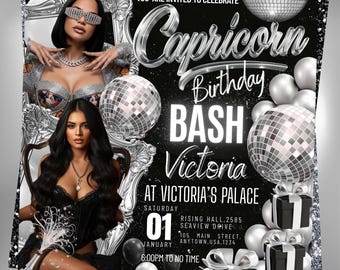 Plantilla de volante para fiesta de cumpleaños de Capricornio, celebración de SZN en discoteca, editable en Canva, Instagram, descarga instantánea, imprimible
