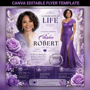 May include: A purple flyer template with the text "A Celebration of Life" and "In Loving Memory of Elisha Robert." The design includes images of a woman, doves, and roses. The flyer provides details for viewing, memorial service, and burial.