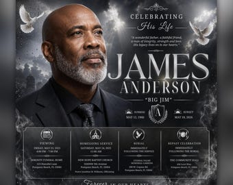 May include: A memorial flyer template featuring a portrait of James Anderson, with event details. The design includes doves, text, and dates for viewing, service, burial, and repast.