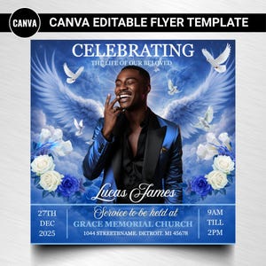 Blue Rose Funeral Announcement Flyer: Memorial Instagram Celebration of Life (Canva Template, Digital Download)