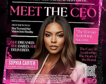Flyer "Conheça a CEO", Modelo para Mulheres Empreendedoras em Pequenos Negócios, Identidade Visual para Redes Sociais (Editável no Canva)