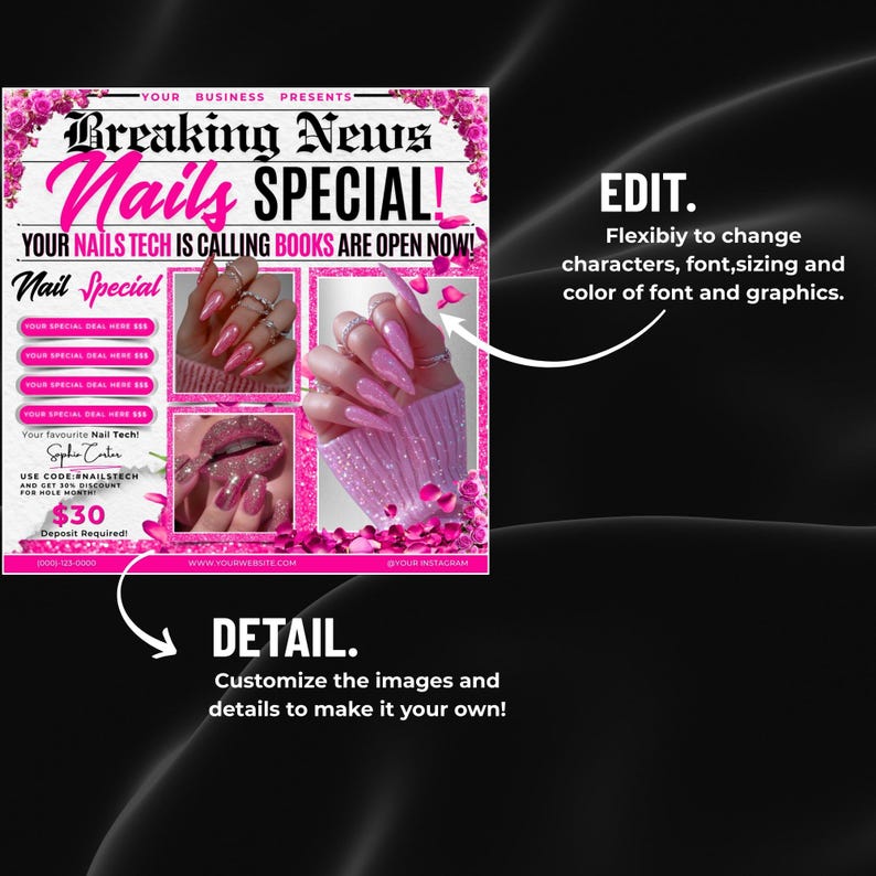 Modern nail tech promotion template with glitter nail designs, soft pink tones, and structured layout for pricing, discount codes, and contact information.
