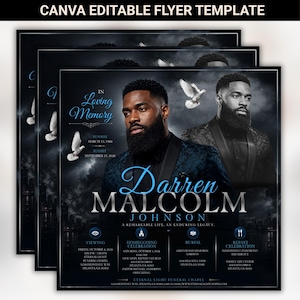 black and blue Funeral Announcement Flyer, Elegant Celebration of Life, Memorial Announcement Invite, Canva Template, Digital Download