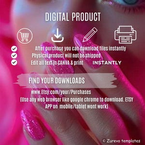Puede incluir: Gr&aacute;fico de producto digital con las palabras "DIGITAL PRODUCT" en la parte superior. La imagen incluye texto sobre descargas instant&aacute;neas, edici&oacute;n en Canva y una direcci&oacute;n de sitio web. El fondo es un primer plano de una cara y manos con esmalte de u&ntilde;as rosa brillante.