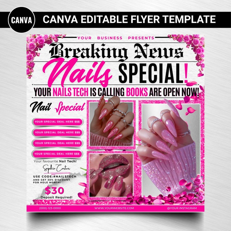 Puede incluir: Un folleto rosa y blanco con el texto "Breaking News Nails Special!". Presenta im&aacute;genes de u&ntilde;as y labios con manicura. El folleto incluye el texto "Your Nails Tech is Calling Books are Open Now!" y "Nail Special".